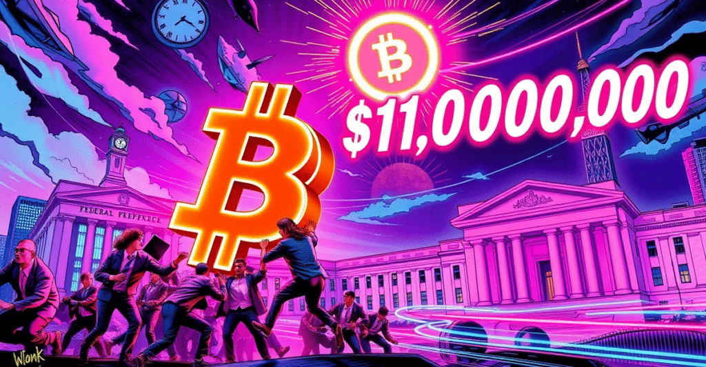 复古漫画风格封面展示交易者推动比特币符号向10万美元目标，背景为未来城市和美联储大楼