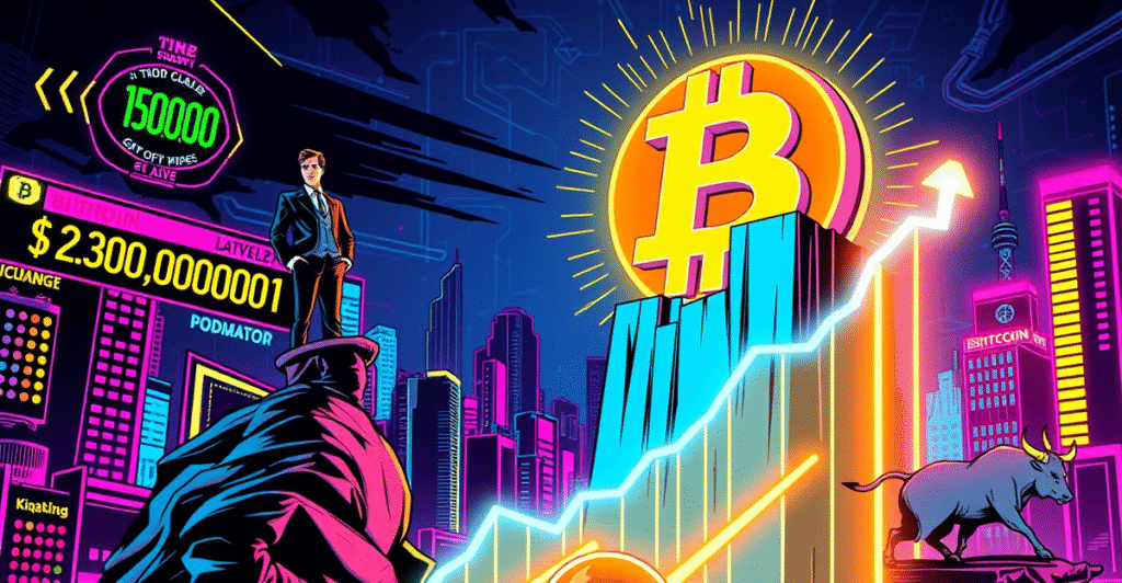 复古漫画风格插图展示比特币符号与投资者站在上升趋势图前，背景是数字城市景观