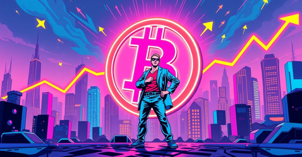 一名交易员站在发光的比特币符号前，背景是未来城市景观，象征着比特币价格的潜在上涨突破