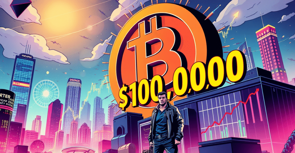 比特币突破100,000美元大关，交易员站在数字城市景观前，背景是上涨的市场趋势图