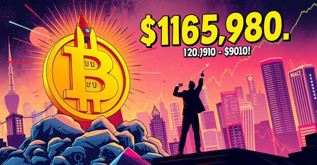 复古漫画风格封面展示比特币符号上的火箭发射,象征价格预测飙升至105,980美元