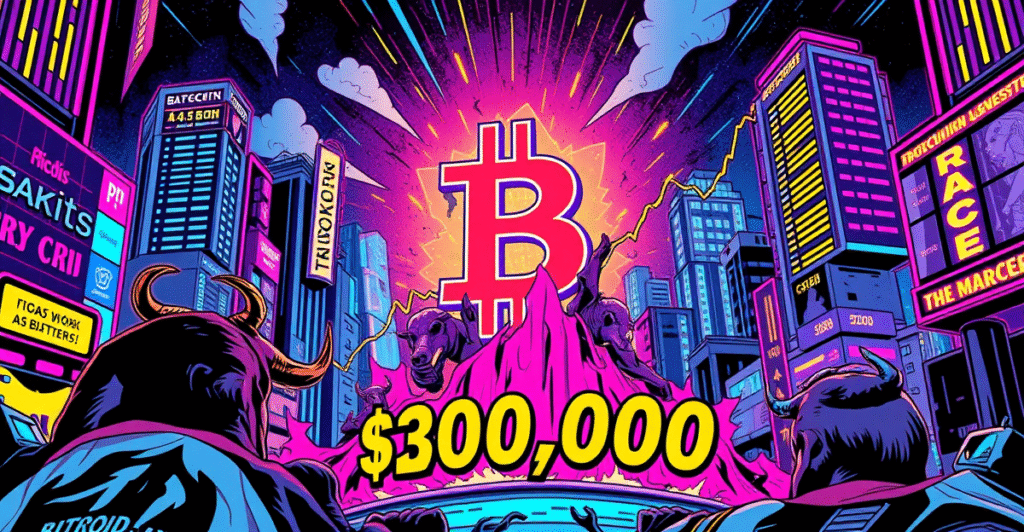 复古漫画风格封面展示比特币符号突破价格图表，预测年底前价格飙升至20万美元