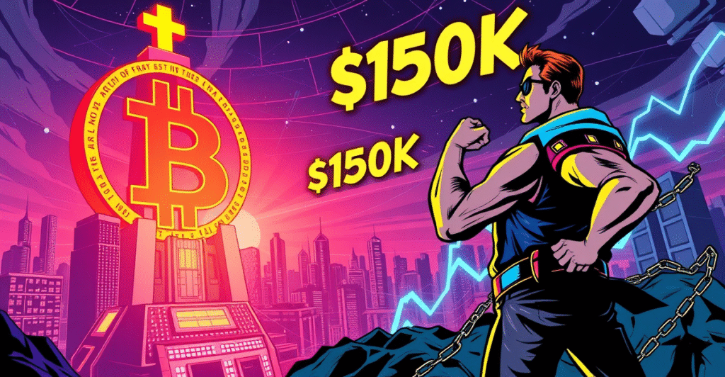 复古漫画风格插图展示比特币符号和交易员，背景是未来城市和15万美元价格目标