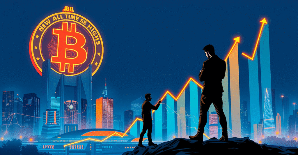 复古漫画风格封面展示比特币符号与未来城市天际线，象征价格突破历史新高