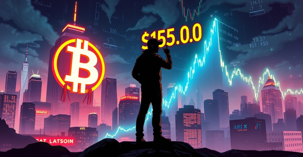 复古漫画风格封面展示比特币符号和交易员,背景是未来城市,象征比特币价格可能上涨至15万美元
