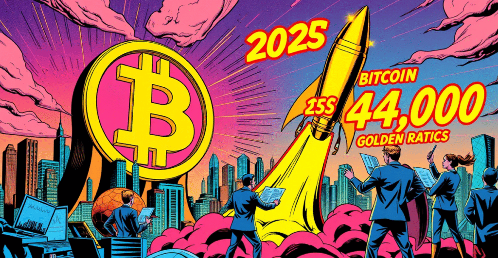 2025年比特币价格预测：霓虹灯下的比特币符号与上升趋势图