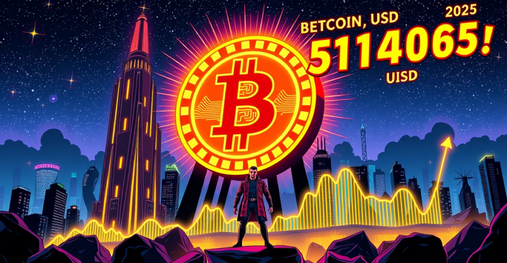 复古漫画风格插图展示比特币符号和未来城市景观，象征2025年比特币价格预测飙升至351,046美元
