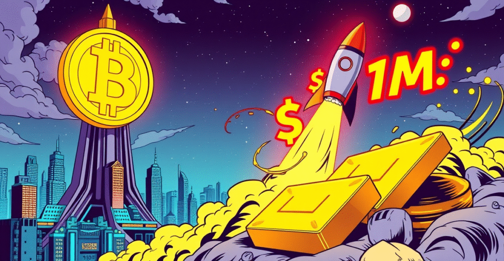 复古漫画风格插图展示比特币符号与未来城市景观,象征2029年价格突破100万美元的预测