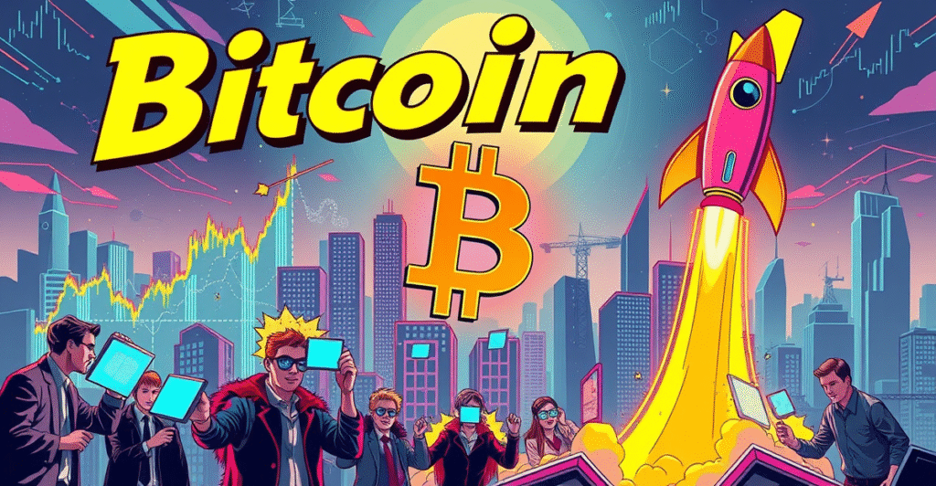 复古漫画风格插图展示比特币符号在熊旗形态下受压，交易员紧张观望