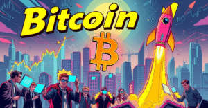 复古漫画风格插图展示比特币符号在熊旗形态下受压，交易员紧张观望