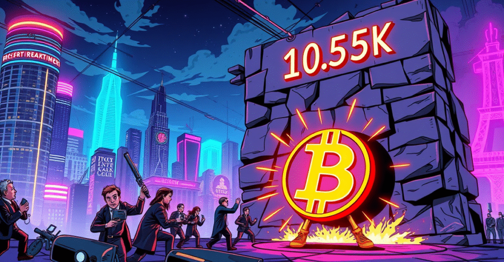 复古漫画风格插图展示比特币符号冲击10.5万美元阻力位,背景为霓虹城市景观