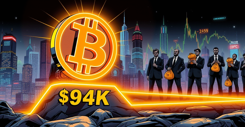 复古漫画风格插图展示比特币符号稳固站在9.4万美元支撑位上，背景是数字图表和巨鲸投资者