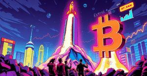 复古漫画风格封面展示比特币价格飙升，背景是未来城市和机构投资者。