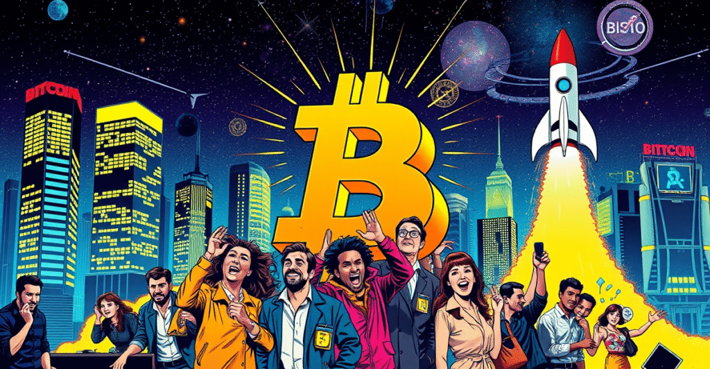 复古漫画风格封面展示比特币符号突破美元标志，背景是霓虹灯照亮的未来城市，交易员们反应各异，象征比特币价格上涨至10万美元以上。