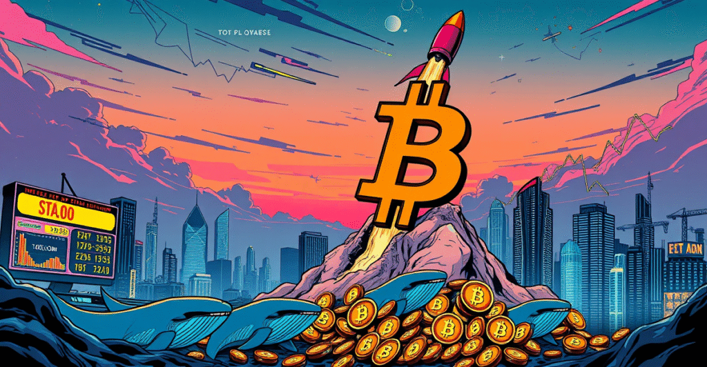 复古漫画风格插图展示比特币符号上的火箭发射，象征价格上涨，背景是未来城市和积累的鲸鱼。