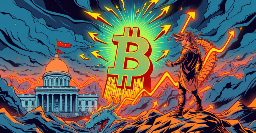 复古漫画风格封面展示比特币价格走势，背景为美中关税谈判象征元素