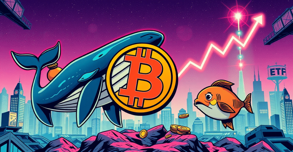 复古漫画风格插图展示比特币价格趋势，鲸鱼与小鱼象征大小投资者的不同行为