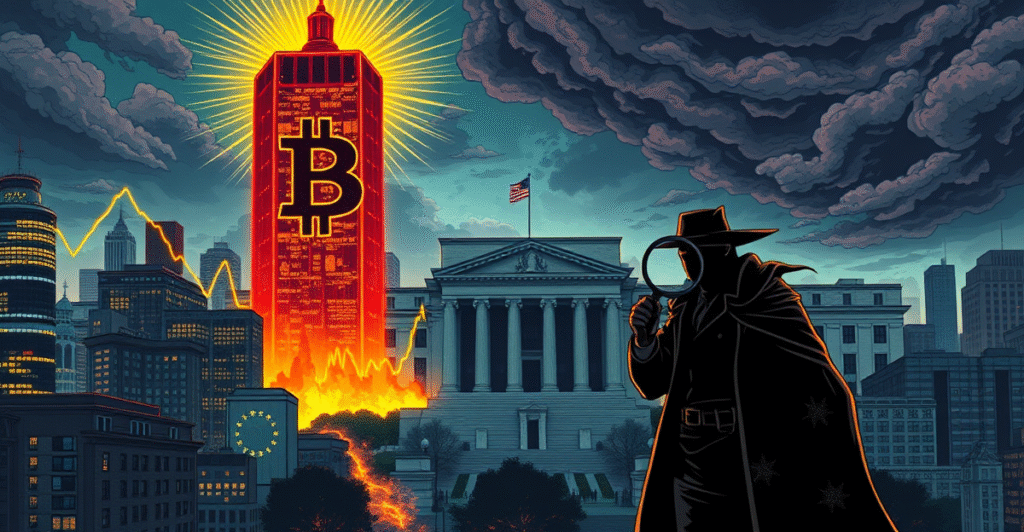 复古漫画风格封面展示比特币符号在城市景观中耸立，背景是霓虹灯图表显示上升趋势，交易员站在前景分析图表。