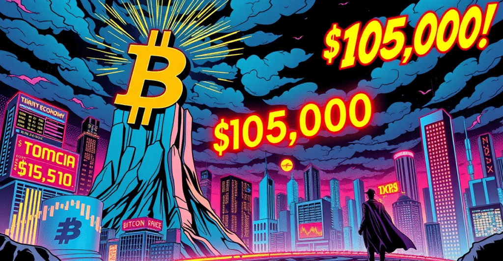 比特币突破105,000美元价格障碍的复古漫画风格插图,背景为全球经济象征的未来城市景观。