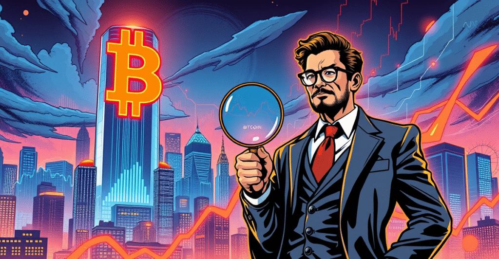 复古漫画风格插图展示比特币价格上升趋势，交易员站在发光的比特币标志前，背景是上涨的市场趋势图