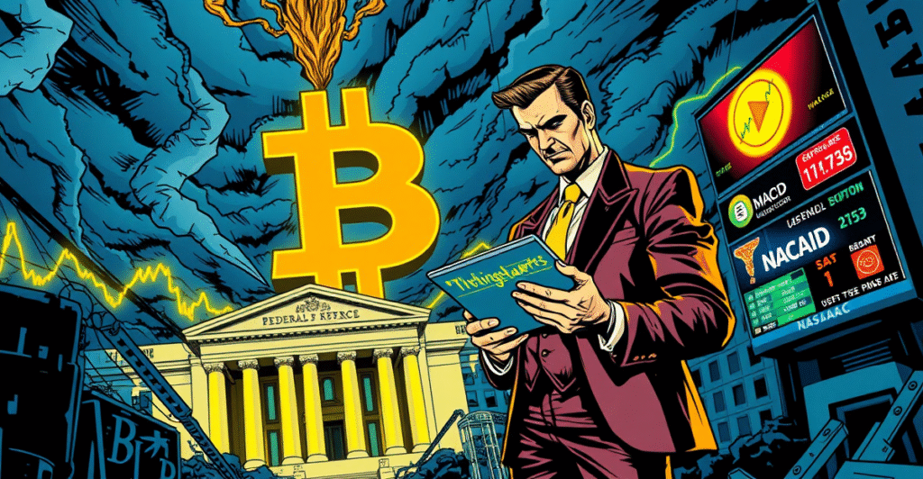 复古漫画风格插图展示比特币价格波动,背景为特朗普言论引发的市场震荡