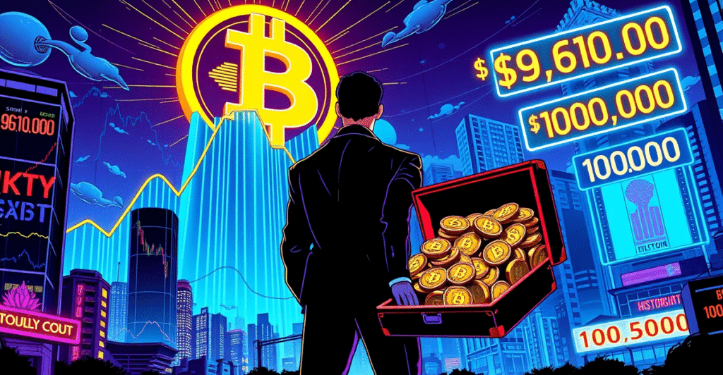 复古漫画风格封面展示比特币符号和交易员套现利润,背景是上涨的市场趋势图