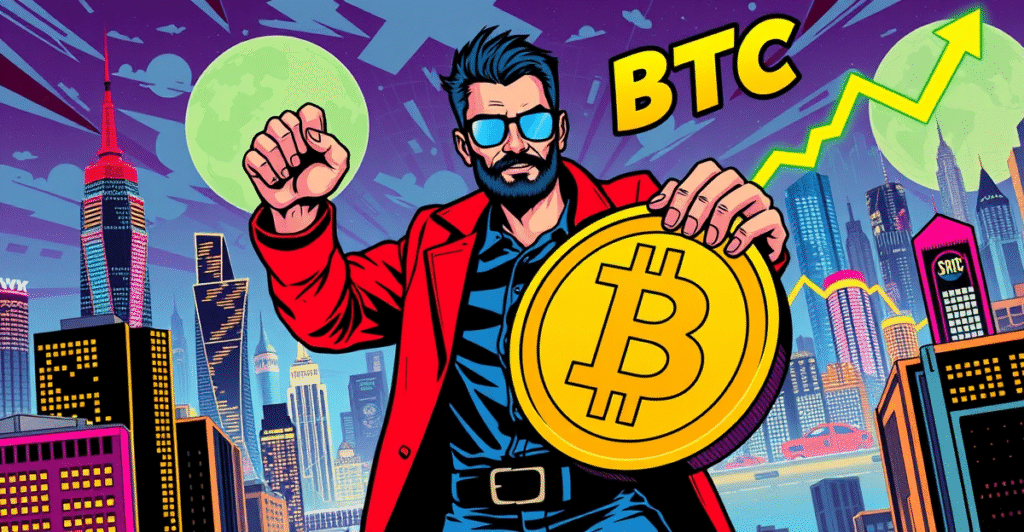 Michael Saylor站在巨大的比特币符号前，背景是上涨的市场趋势图，象征Strategy公司对比特币的持续购买信心。