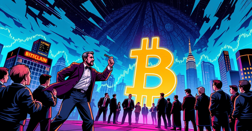 Blockstream CEO Adam Back领导团队向巨大的比特币符号前进，背景是未来城市和上涨的股市图表