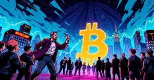 Blockstream CEO Adam Back领导团队向巨大的比特币符号前进，背景是未来城市和上涨的股市图表