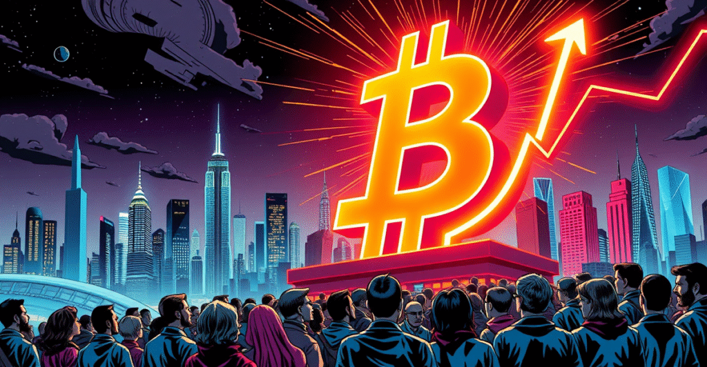 复古漫画风格插图中，巨大的比特币符号在霓虹灯下闪耀，背景是未来城市天际线，象征比特币已实现市值创下新纪录