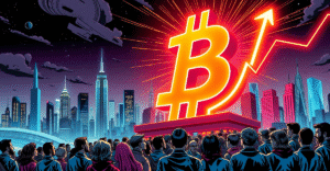 复古漫画风格插图中，巨大的比特币符号在霓虹灯下闪耀，背景是未来城市天际线，象征比特币已实现市值创下新纪录