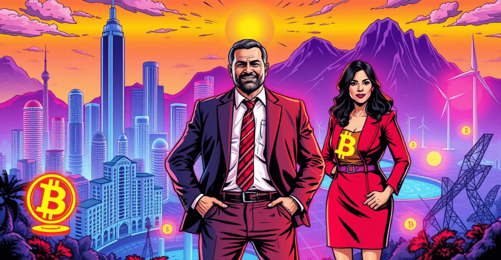 巴拿马城市长与比特币政策领袖站在未来城市前,背景是比特币符号和可再生能源设施