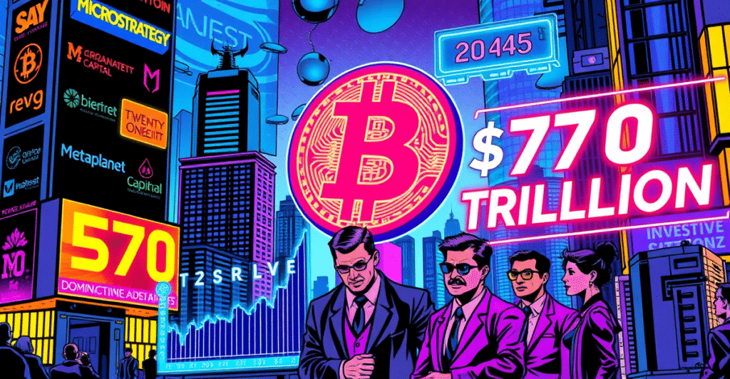 2045年比特币储备公司持有全球50%的BTC，背景是未来城市和巨大的比特币标志