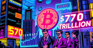 2045年比特币储备公司持有全球50%的BTC，背景是未来城市和巨大的比特币标志