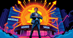 Vivek Ramaswamy站在巨大的比特币标志前，背景是纳斯达克股市屏幕，象征Strive Asset Management转型为比特币储备公司