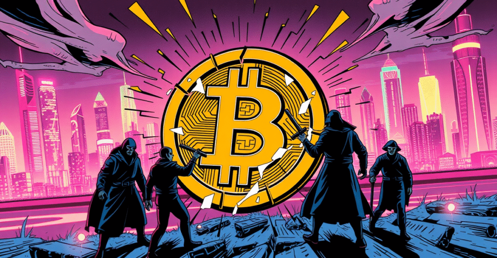 象征比特币储备证明安全风险的复古漫画风格插图,展示了一个在压力下破裂的比特币符号盾牌。