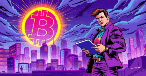 比特币符号在霓虹灯下闪耀，背景是未来城市天际线，交易员手持显示上涨趋势的数字平板