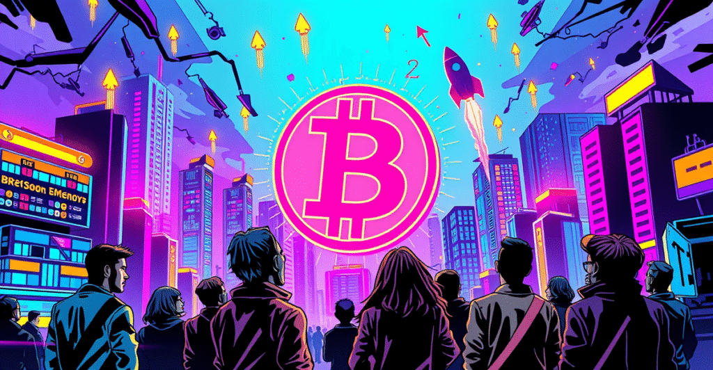 复古漫画风格封面展示比特币第二季，中心是发光的比特币符号，周围有象征金融增长的抽象元素。