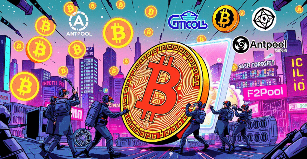 复古漫画风格插图展示矿工推动比特币进入智能合约系统,背景是主要矿池标志