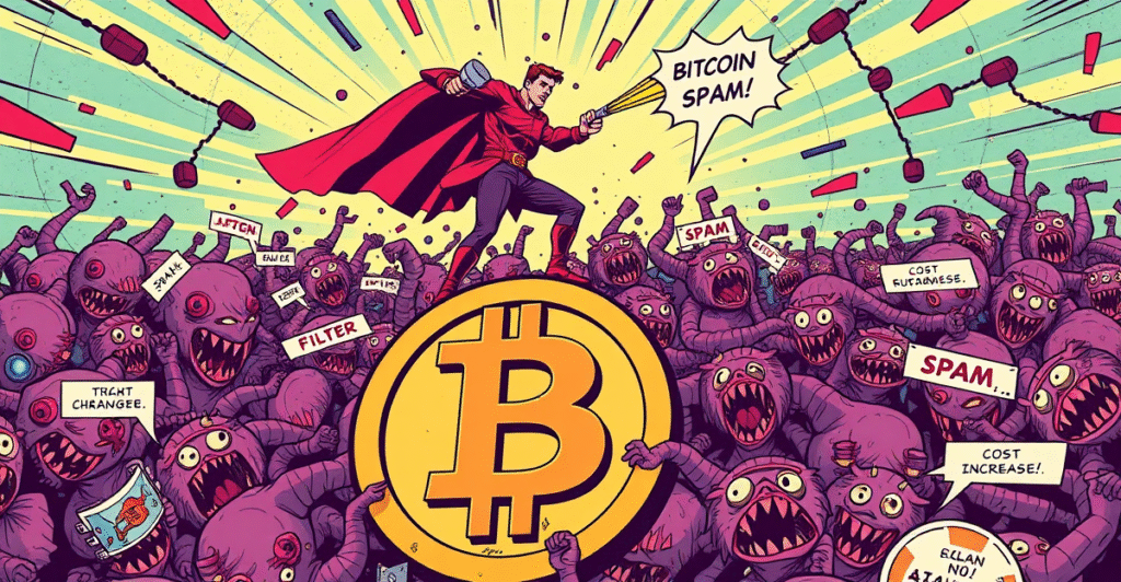 经济学家Saifedean Ammous象征性人物站在比特币标志上,对抗垃圾信息数字生物,背景是动态的区块链网络