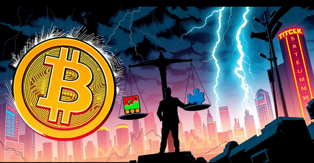 复古漫画风格插图展示比特币符号与股市图表的激烈碰撞，象征比特币与股市的相关性