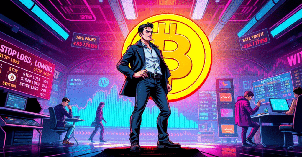 一名交易员站在巨大的比特币符号前，背景是显示止损和止盈水平的霓虹图表