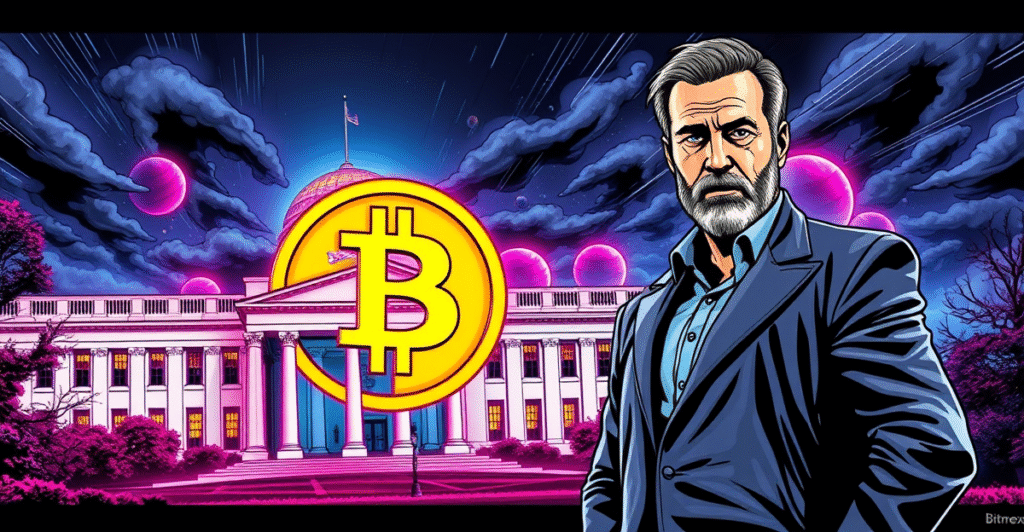 BitMEX联合创始人Arthur Hayes站在巨大的比特币符号前，背景是美国白宫和美联储大楼，象征比特币战略储备的讨论
