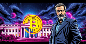 BitMEX联合创始人Arthur Hayes站在巨大的比特币符号前，背景是美国白宫和美联储大楼，象征比特币战略储备的讨论