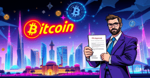 Bitcoin Suisse标志在阿布扎比天际线背景下，象征其中东扩张和加密金融服务突破