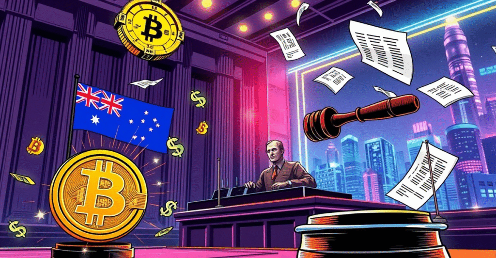 澳大利亚法院裁决场景,法官裁定比特币交易或免资本利得税,背景为比特币符号和澳元标志