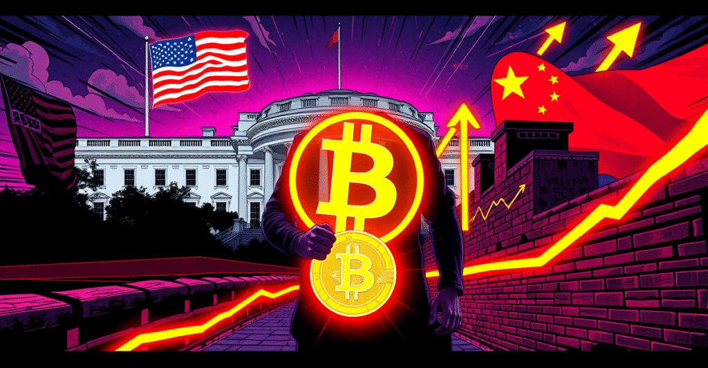 复古漫画风格封面展示比特币符号，背景为白宫和长城，象征美中贸易协议，交易员手持发光的比特币，市场趋势图显示上涨。
