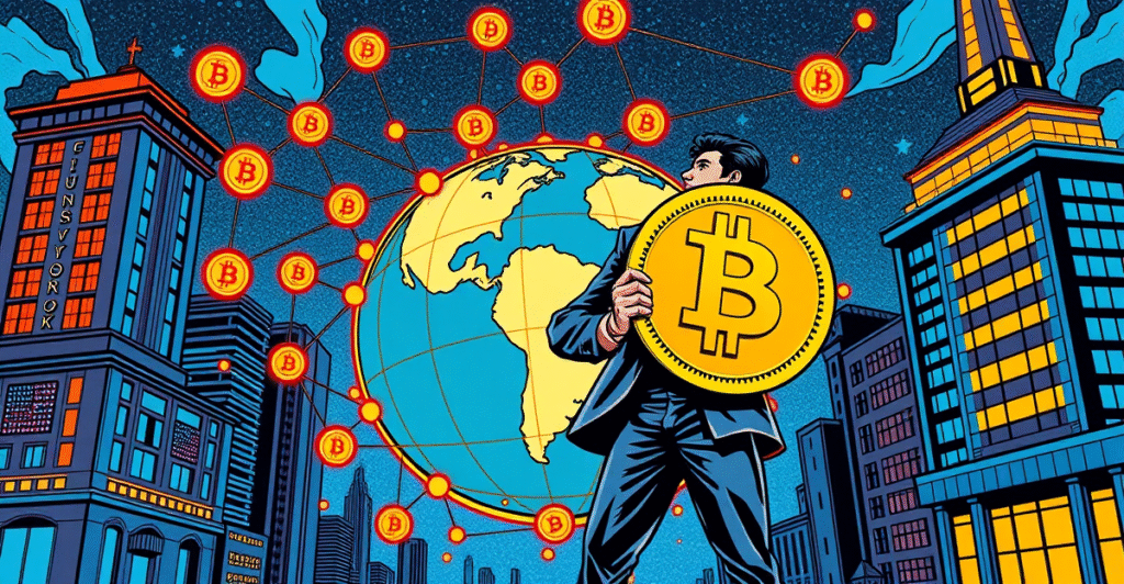 全球比特币国库网络的象征性表现，展示数字货币与传统金融的融合