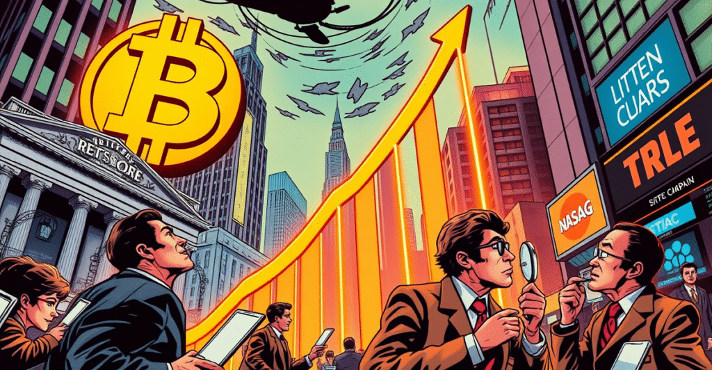 复古漫画风格插图展示比特币符号冲破上涨趋势图，背景是霓虹城市和金融建筑