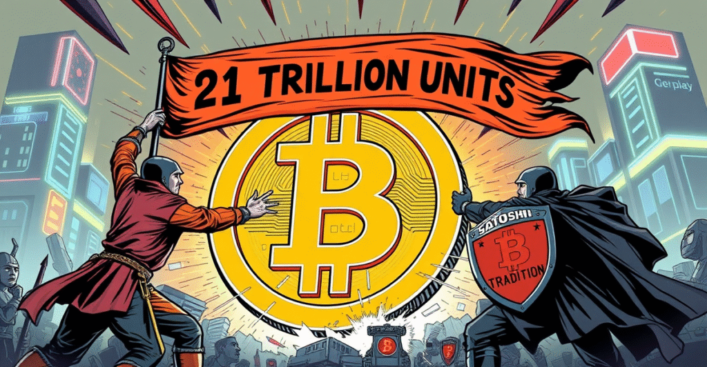 复古漫画风格封面展示比特币单位更改争议,两派在霓虹城市背景下对峙